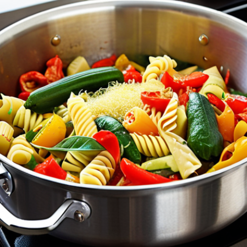 **A vibrant, close-up shot of one-pot pasta cooking on a stovetop. Include colorful vegetables like bell peppers, zucchini, and spinach. The focus should be on the freshness and healthiness of the ingredients. Steam rising, suggesting a quick and easy meal.**