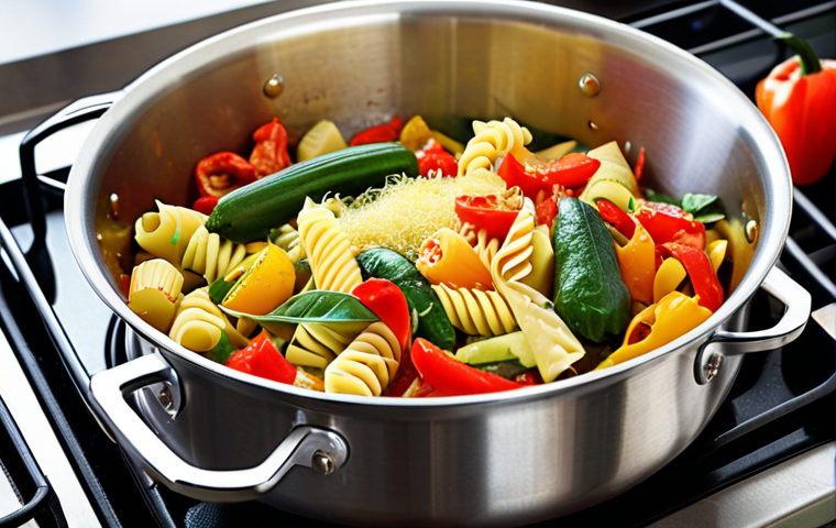 **A vibrant, close-up shot of one-pot pasta cooking on a stovetop. Include colorful vegetables like bell peppers, zucchini, and spinach. The focus should be on the freshness and healthiness of the ingredients. Steam rising, suggesting a quick and easy meal.**