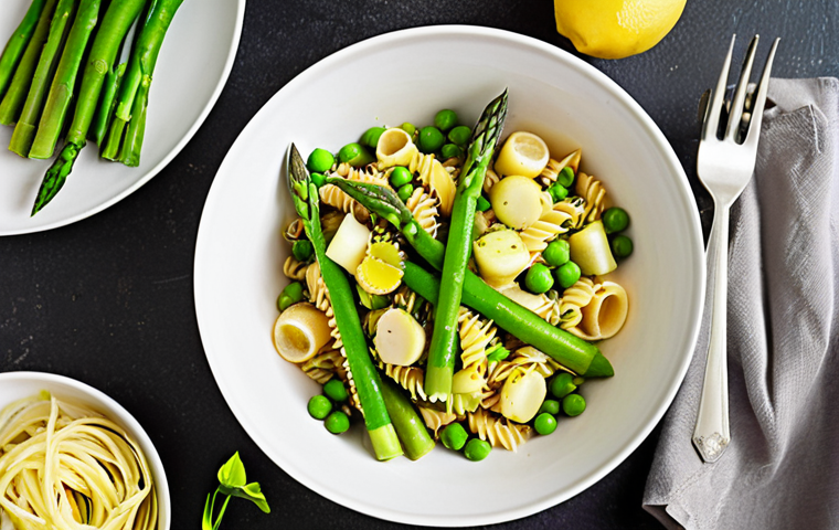 A vibrant, overhead shot of "Pasta Primavera One-Pot" dish. Focus on the fresh green asparagus, peas, and zucchini. Garnish with lemon zest and parsley. The setting is a bright, sunny kitchen.